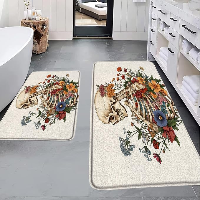 2Pcs Sugar Skull Floral Bath Mat Spooky Halloween Gothic Skeleton Plant Vintage Mystical Artwork Bathroom Bathtub Floor Rugs Doormat Toilet Decor - skull toilet rug