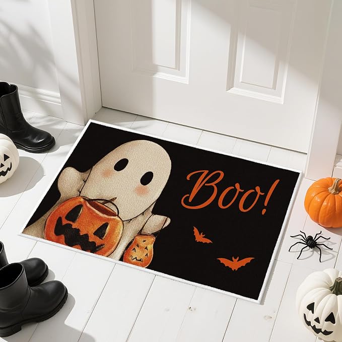 Halloween Welcome Door Mat Set of 2, Boo Pumpkin Ghost Doormat - skull carpet