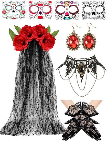 5 Pcs Day of the Dead Costumes for Women, Dia De Los Muertos Headpiece Set - sugar skull costume