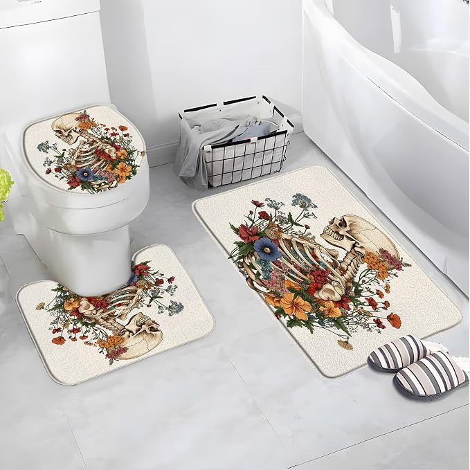 3 Piece Sugar Skull Floral Bath Mat Spooky Halloween Gothic Skeleton Plant Vintage Mystical Artwork Bathroom Bathtub Floor Rugs Absorbent Doormat Toilet Decor - skull toilet mat