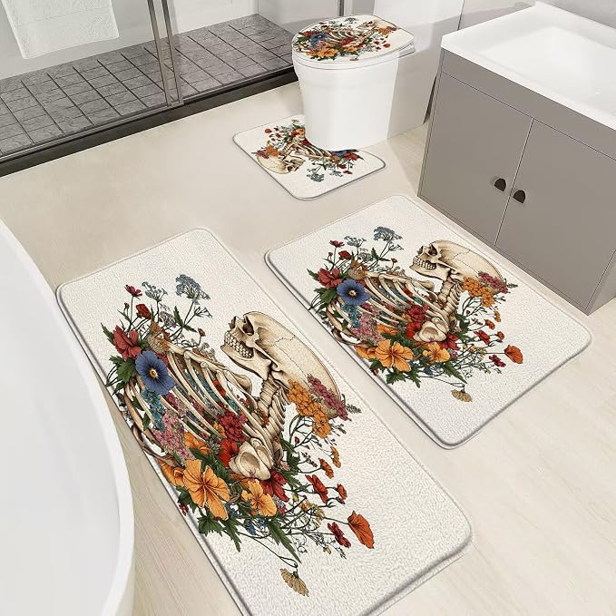 4 Pieces Bathroom Rug Sets,Sugar Skull Floral Spooky Halloween Gothic Skeleton Plant Vintage Mystical Artwork 18"x30"and 16"x48"Bath Mats,Toilet Cover,U-Shaped Toilet Mat - skull toilet mat