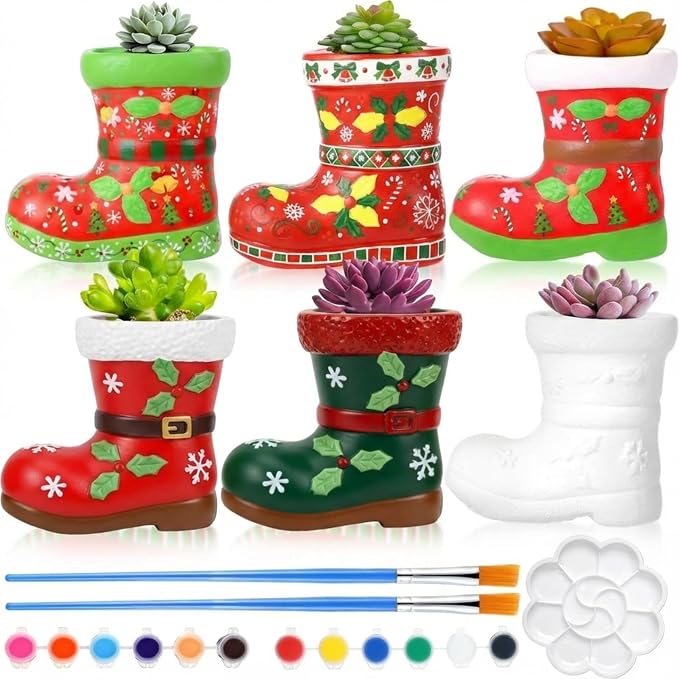 Pasimy 6 Set Ceramics to Paint DIY Succulent Planter Pots, Christmas Boot - skull painting