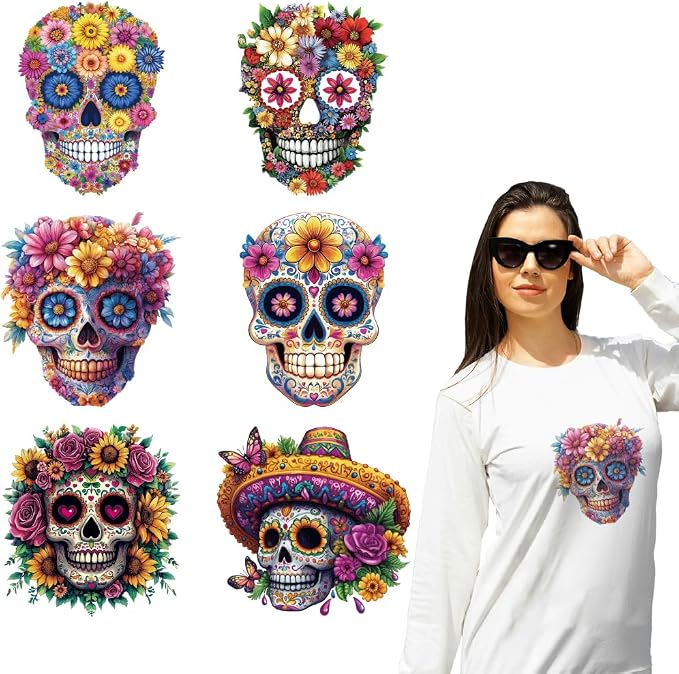 arricraft 6 Sheets Day of the Dead Cloth Iron on Stickers, Sugar Skull Heat Transfer Stickers Decals for DIY T-Shirt Jeans Backpacks Families Clothing Hat Decoration Applique - skull backpack
