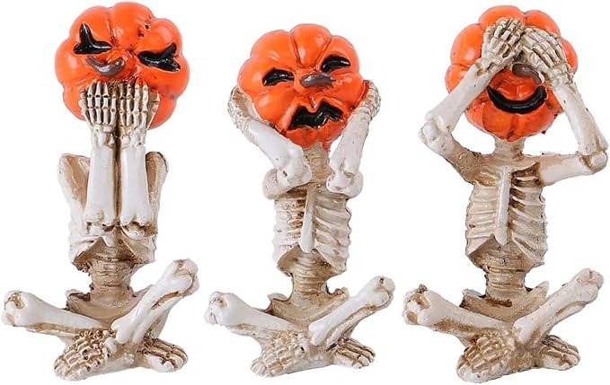 HTLNUZD 3PC Resin Meditation Pumpkin & Skull Doll Set - Sitting Pose Halloween Desktop Tray Party Decor - skull figurine