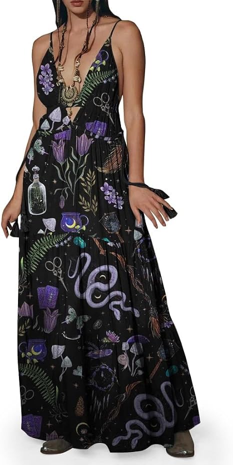 Womens Summer Sun Dresses Mystical Gothic Maxi Dress Casual Floral Witch Dress Date Dress Halloween Outfits - sugar skull dress