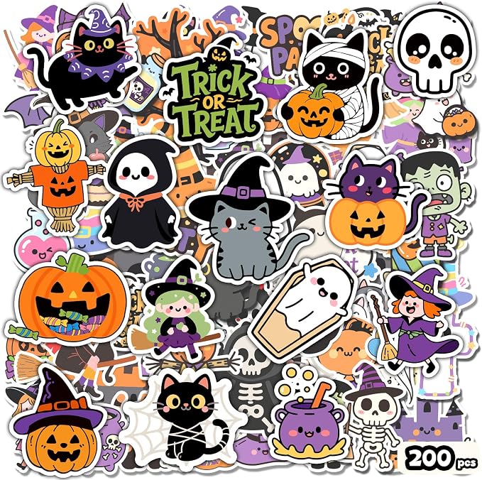 200 Pcs Halloween Stickers for Kids, Party Favors and Water Bottle Stickers - skull sticker