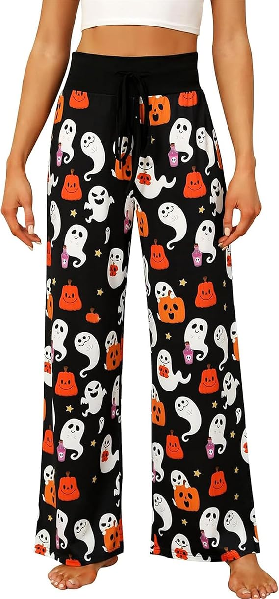 Miqil Women Halloween Pajamas Pants Cute Pumpkin Ghost Print Drawstring Wide Leg Pj Bottoms Holiday Loose Casual Sleepwear - skull pajamas