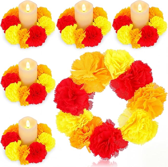 Suncalla 6 Pcs Candle Rings 6 Inch Flower Orange Yellow Red Day of Dead - skull wreath