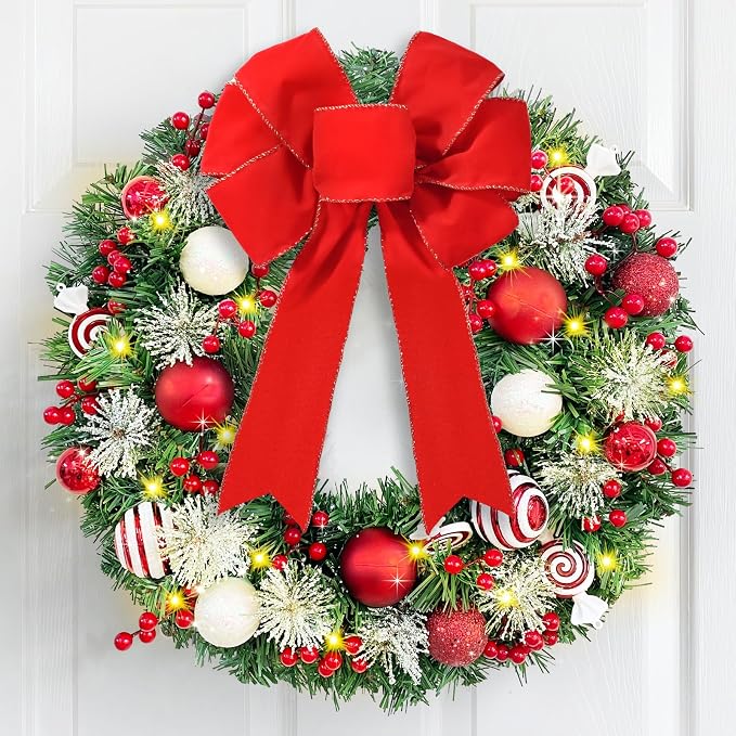 Christmas Wreath with Lights, 20″ Christmas Wreaths for Front Door with Red Bow, Christmas Door Wreath for Indoor Outdoor Fireplace Wall Window Christmas Decor