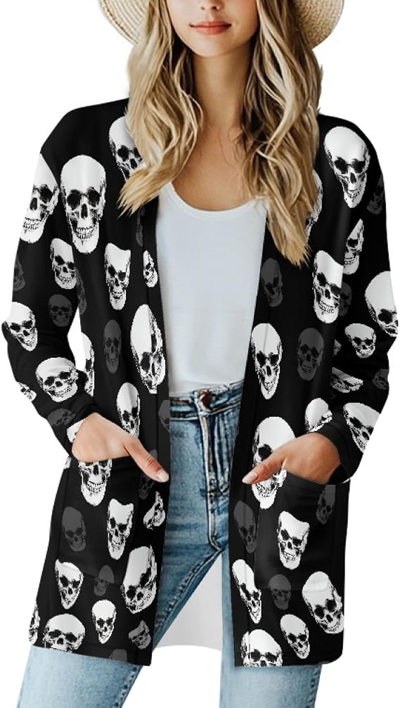 Gothic Skull Women Cardigan Sweaters Casual Open Front Cardigans Soft Draped Long Sleeve Jackets Dusters V-Neck Tops - skull jacket