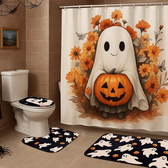 4 Pcs Halloween Shower Curtain Set 72" Shower Curtain Rugs - skull toilet paper