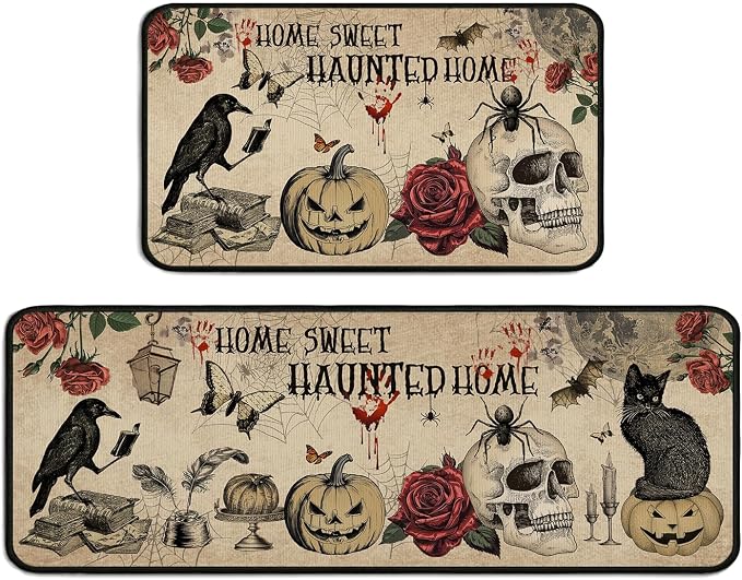 Halloween Vintage Kitchen Mats for Floor,Goth Skull Black Cat Kitchen Rugs Sets of 2,Gothic Home Sweet Haunted Home Non-Slip Washable Kitchen Decor Floor Rug Home Decoration Doormat 17"x30"+17"x47" - skull floor mat