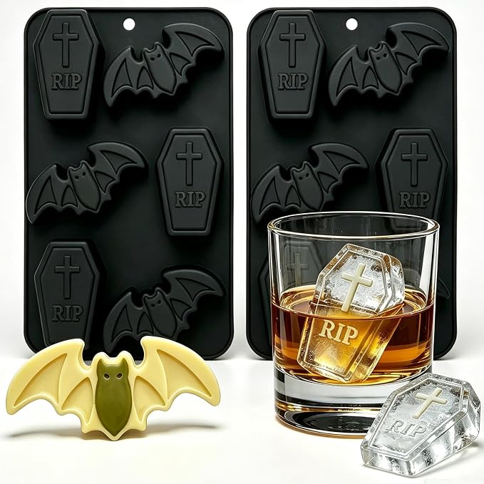 2 Pack Large Halloween Silicone Molds Bat Coffin Shape Chocolate Mold for Candy Soap Ice Cube Wax Melt Resin DIY Crafts - skull ashtray