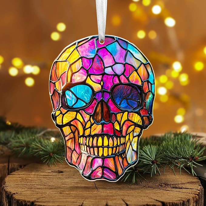 Skull Christmas Ornaments - 2D Flat (Not 3D) Acrylic Gothic Christmas Ornaments 2026 for Xmas Decorations - Skull Gifts for Women Men, Goth Gifts for Women, Skeleton Gothic Decor - sugar skull ornament
