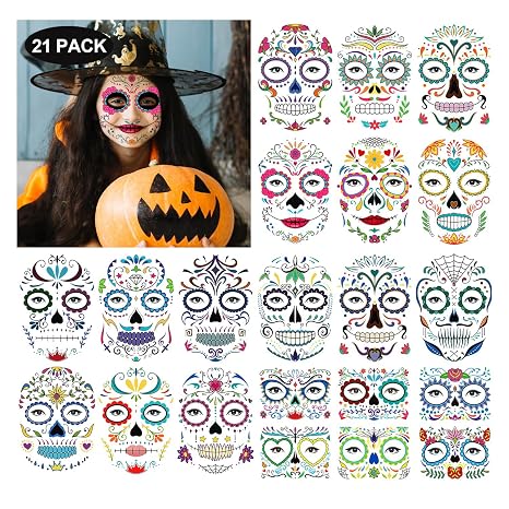 Partywind Day of the Dead Temporary Face Tattoos for Kids Adults - sugar skull makeup