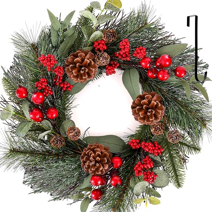 WellSign 24 Inch Artificial Christmas Wreath for Front Door with Hangers - skull wreath