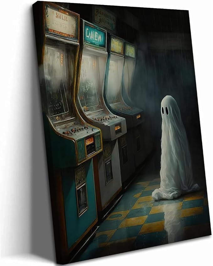 Framed Vintage Halloween Ghost Wall Art, Funny Ghost Gamer Arcade Wall Decor Paintings, Gothic Dark Academia Pictures Canvas Prints Spooky Home Decor for Teen Game Room Bedroom Dorm 12x16 inch - skull wall art