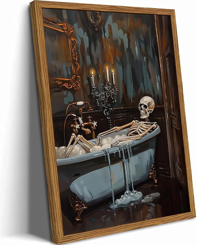 Framed Funny Halloween Skeleton Bathroom Wall Art, Soaking My Bones Pictures Wall Decor, Moody Gothic Dark Academia Paintings Canvas Prints Spooky Home Decor for Living Room Bedroom Dorm 12x16 inch - skull wall art