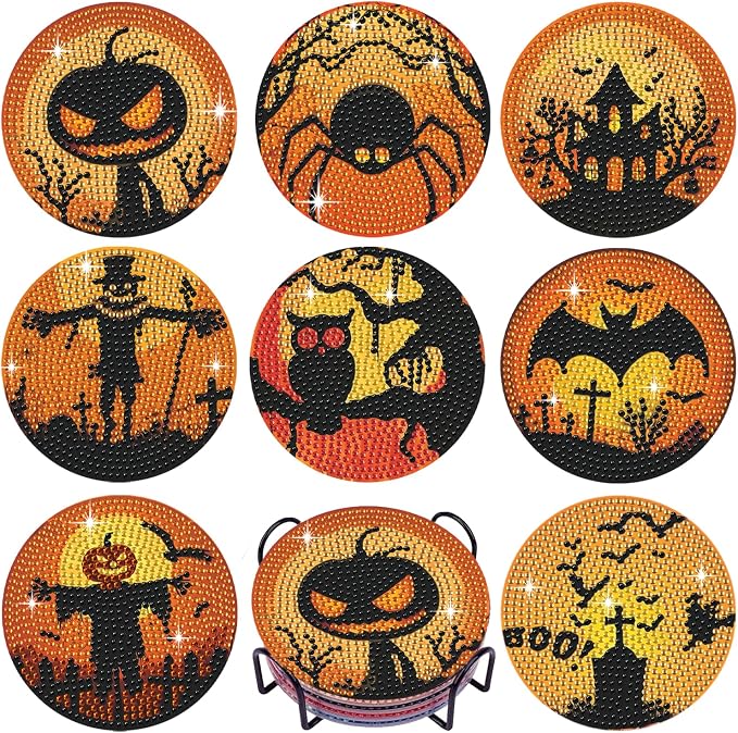 Leatrice 8 PCS Halloween Diamond Art Coasters Set with Holder 4 in - skull coaster