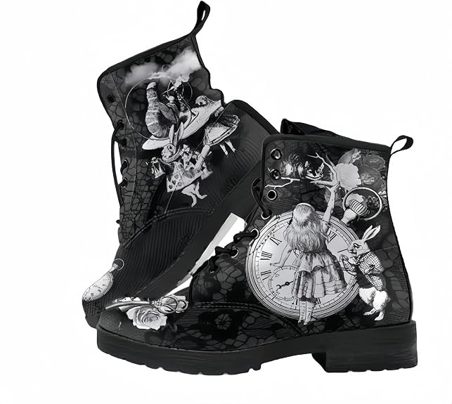 Women's Printed Combat Short Boots with Rose Skull Cartoon Pattern Fashion Lace-up Chunky Heel Platform Leather Ankle Boots Gifts for Girls Ladies Autumn and Winte Shoes - sugar skull boots