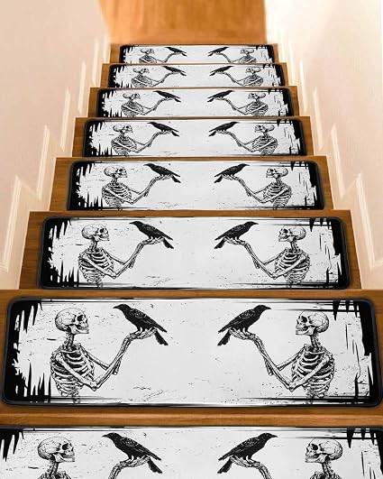 Non Slip Stair Treads for Wooden Steps Abstract Halloween Skull Carpet Indoor Stair Runners, Crow on Skeleton Step Tread Rugs Adhesive Staircase Mats for Elders, Pets,8"x30",4Pack - skull carpet