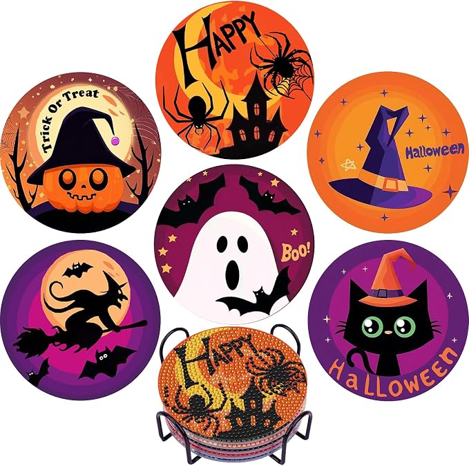 EWJRNSF 6 PCS Halloween 5D Diamond Painting Coasters Kit with Holder DIY - skull coaster