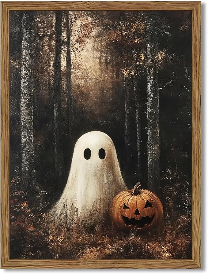 Framed Vintage Halloween Ghost Canvas Wall Art, Cute Ghost Pumpkin Wall Decor Paintings, Gothic Dark Academia Pictures Prints Spooky Fall Forest Home Decor for Living Room Bedroom 12×16 inch