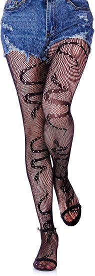 Olbye Black Fishnet Stockings Skull Thigh High Waist Stocking Snake Lace Leggings Halloween Goth Tights for Women - skull leggings