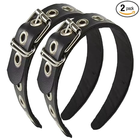 Gothic Punk Style Metal Buckle Headband for Women, Belt design Black Leather Headband, 2-Piece Set Hair Accessories - skull headband