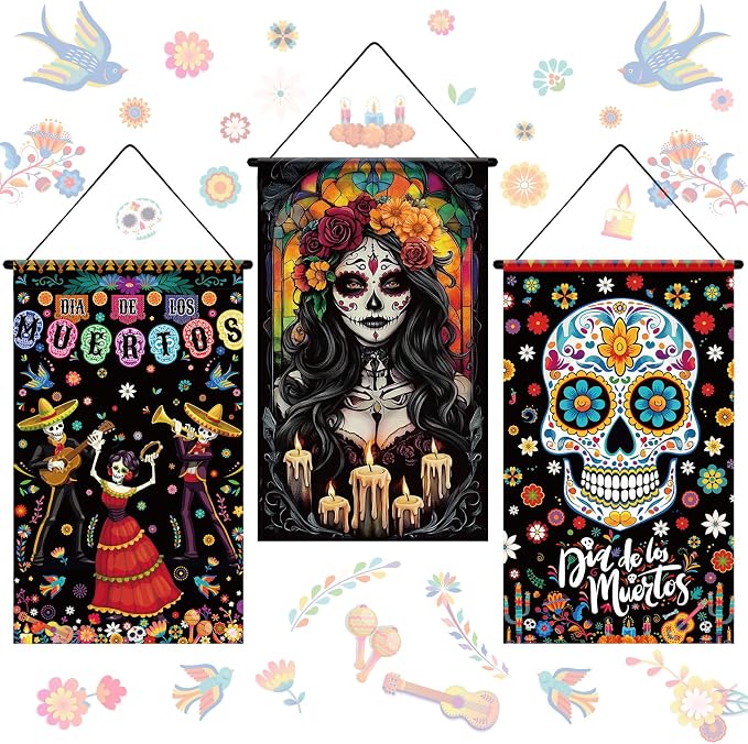 Tegeme 3 Pcs Day of the Dead Door Flag Dia De Los Muertos Front Door Decor - skull plate
