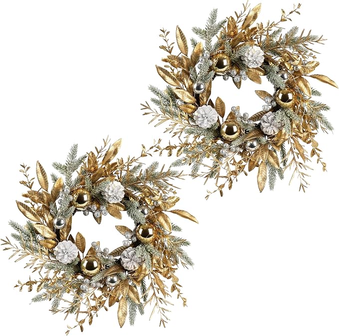 Christmas Wreath 19 Inch Christmas Door Decorations Wreath with Warm Lights,Christmas Balls, Pine Cones, Golden Twigs, Pine Needles and Silver Berries for Door Window Outdoor Home Decoration (2) - skull wreath