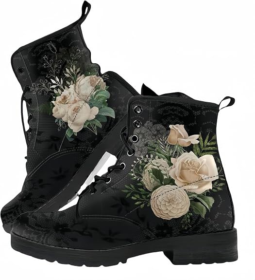 Women's Skull & Floral Print Combat Booties - Stylish Gothic Ankle Boots Fashion Lace-up Chunky Heel Platform Leather Boots for Girls Ladies Halloween Christmas - sugar skull boots
