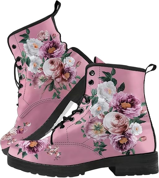 Women's Skull & Floral Print Combat Booties - Stylish Gothic Ankle Boots Fashion Lace-up Chunky Heel Platform Leather Boots for Girls Ladies Halloween Christmas - sugar skull costume