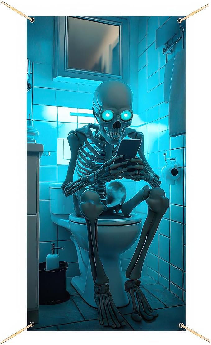 Halloween Door Cover Skeleton Restroom Scene 71 x 35 Inch - skull toilet paper