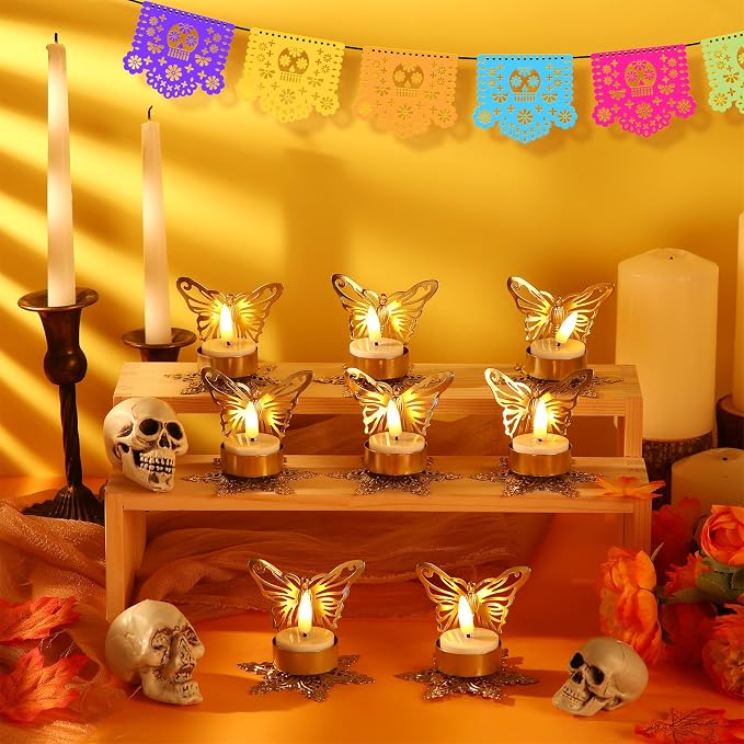 LemonRoad 8 Pcs Day of The Dead Candles Holder Metal Butterfly Día De Los - skull candle