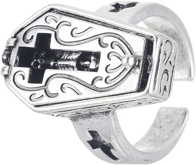 NewZenro Unique Coffin Cross Skeleton Open Rings for Men Women Punk Gothic Vintage Halloween Skull Statement Statement Band Finger Ring Fashion Hip Hop Cosyplay Party Fashion Jewelry Size 7 - skull ring