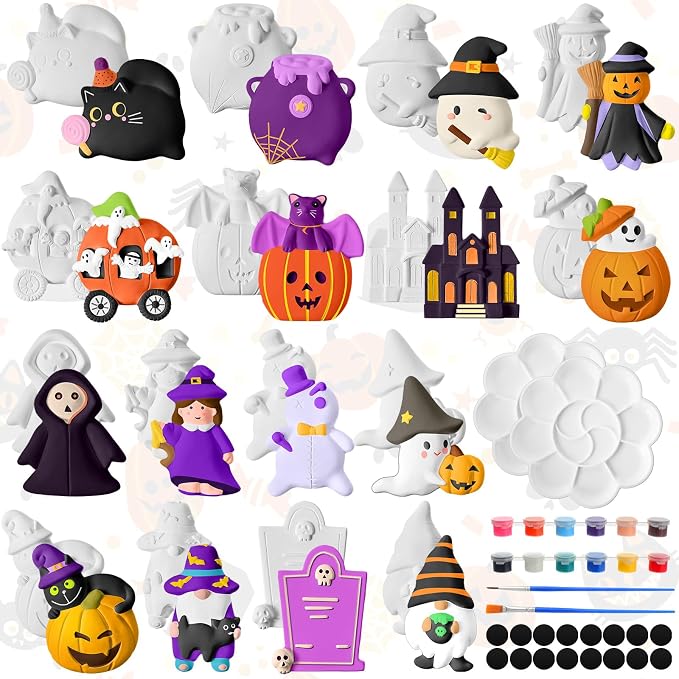 Soulchen 16 Sets Halloween DIY Painting Kits Unpainted DIY Ceramic to Paint Pumpkin Ghost Bat Skull Witch Gnome Cat Ready to Paint Refrigerator Magnets for Room Activity Halloween Gifts - skull painting