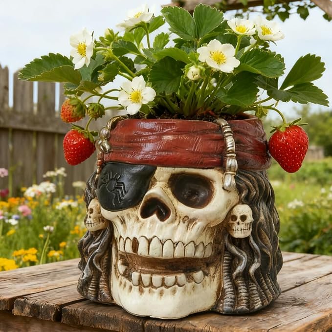 Skull Planter, Skulls Flower Pot, Skull Bowl, Skeleton Succulent Pots, Gothic Plant Pots with Drainage, Goth Statue Flower Pots, Indoor/Outdoor Pirate Figurine, Halloween Decoration, Funny Home Decor - skull figurine