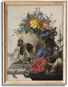 uniro Vintage Floral Skull Wall art Decor Rustic Hanging Retro Skull Flowers Canvas Print Gallery Decor Wall Art Print Poster Painting for Home Living Room Bedroom Halloween wallart (8″ x 10″-UNFRAMED)