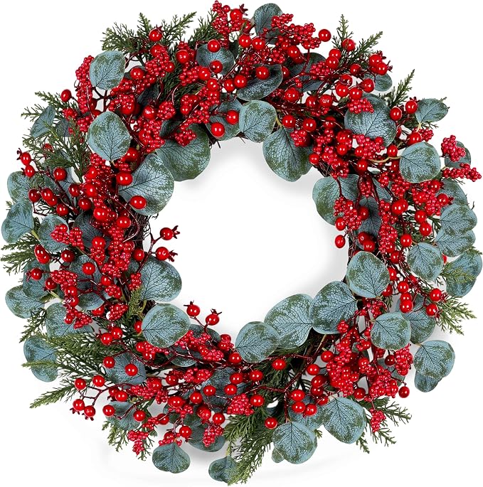 Artificial Christmas Wreath 22inch Christmas Wreaths for Front Door Xmas Red Berry Wreath with Eucalyptus Leaves Pine Needles Red Berries for Wall Farmhouse Window Winter Holidays - skull wreath