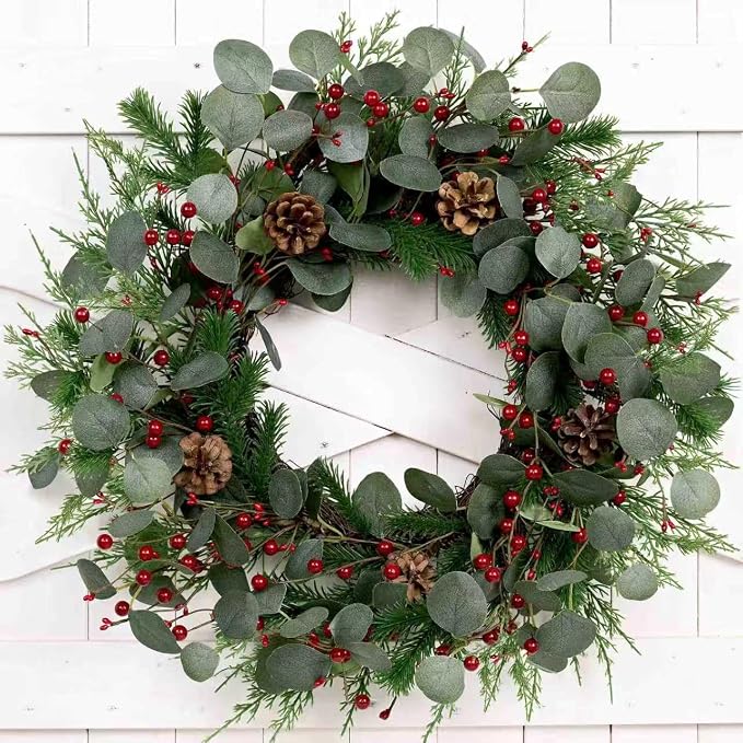 Christmas Wreath 24inch Christmas Wreaths for Front Door Xmas Red Berry Wreath with Eucalyptus Leaves Pine Cones Red Berries for Wall Window Indoor Outdoor Winter Decorations - skull wreath
