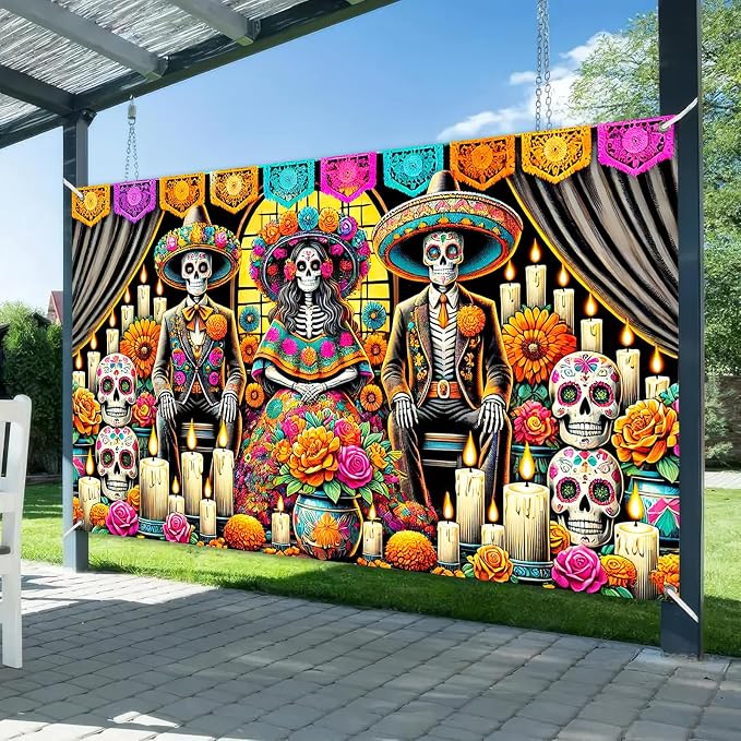 Day of the Dead Banner 71 x 43 Inch Mexican Sugar Skull Backdrop - skull carpet