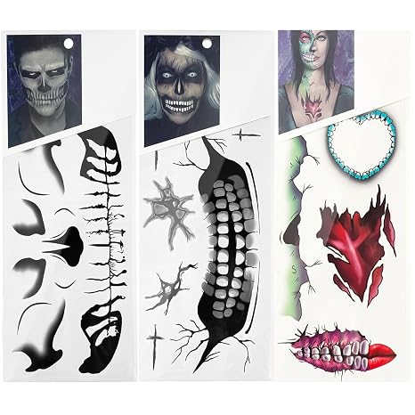3 Sheets Halloween Face Tattoos Skeleton Mouth Scar Temporary Tattoo, Day of the Dead Decorations, Halloween Costume for Men, Women, Adult, Cosplay Body Makeup Halloween Decorations Rave Face Stickers - skull sticker