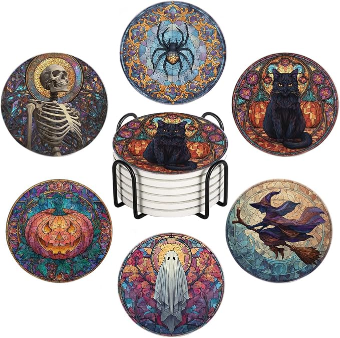 LOKMU Coasters for Drinks, Round Absorbent Ceramic Stone Coaster Sets of 6 with Metal Holder Stand, Stained Glass Halloween Pattern Coasters with Cork Base for Coffee Wooden Table, Housewarming Gifts - skull coaster