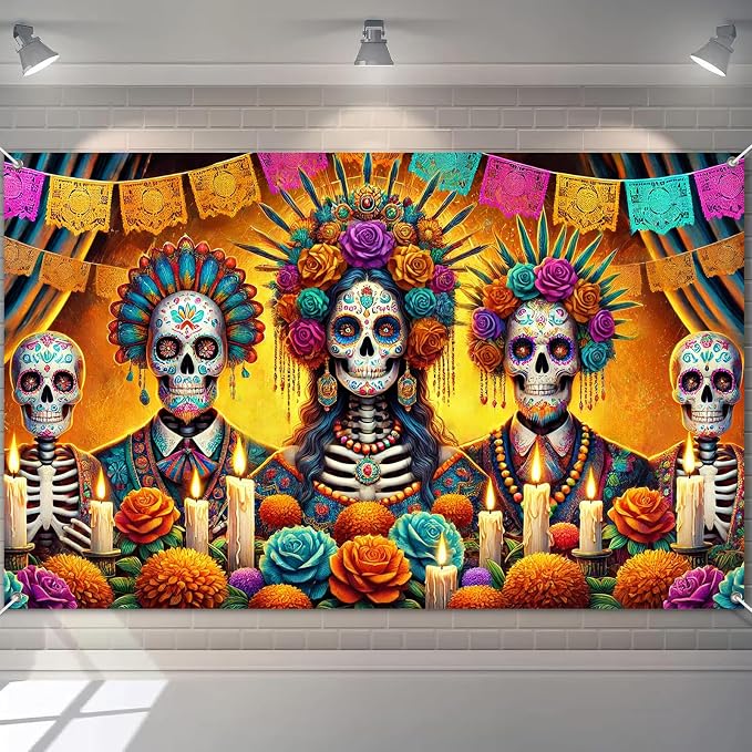Day of the Dead Banner Papel Picado Floral Decorations 71x43 Inch - skull floor mat