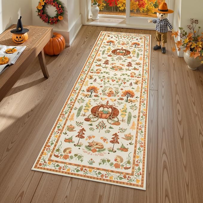 Lahome Fall Hallway Runner Rug, 2x8 Halloween Runners for Kitchen, Washable Non Slip Soft Pumpkin Carpet Runner for Entryway Bathroom Bedroom Fall Halloween Thanksgiving Decor - skull carpet