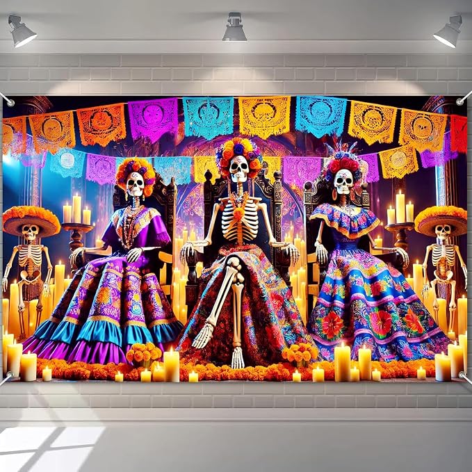 BlissYard Day of the Dead Backdrop Catrina Fiesta Banner 71 x 43 Inch - skull inflatable