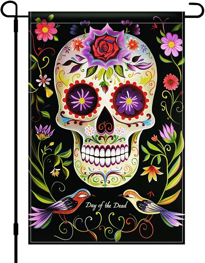 BlissYard Day of the Dead Garden Flag 12x18 Inch Sugar Skull Decor - skull figurine