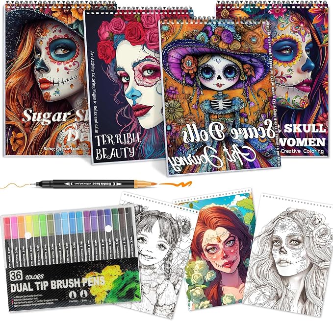 4Pcs Coloring Books for Adults Relaxation with 36 Colors Markers Coloring Book for Women Spiral Bound Printed On One Side - sugar skull book