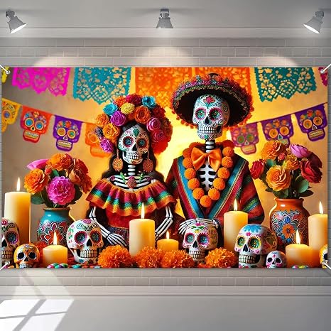 BlissYard Day of the Dead Banner 71 x 43 Inch Sugar Skull Couple Backdrop - skull candle